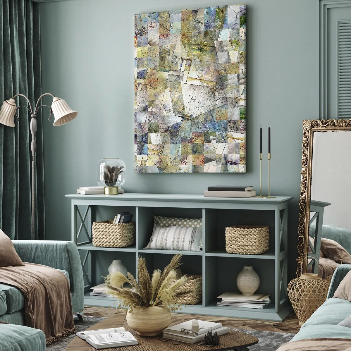 Obraz na płótnie - Abstrakcyjna mozaika geometrycznych kształtów w pastelowych barwach - 50x70cm - Geometryczne przetasowanie - Nowoczesna dekoracja ścienna do salonu, kuchni i sypialni ARTTOR
