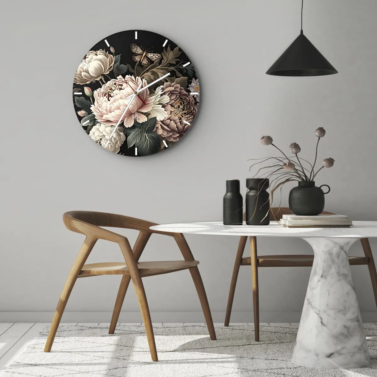 Zegar ścienny - Różane piwonie i motyl na czarnym tle w stylu klasycznym - 30x30cm - W barokowym stylu - Nowoczesna dekoracja ścienna do salonu, kuchni i sypialni ARTTOR