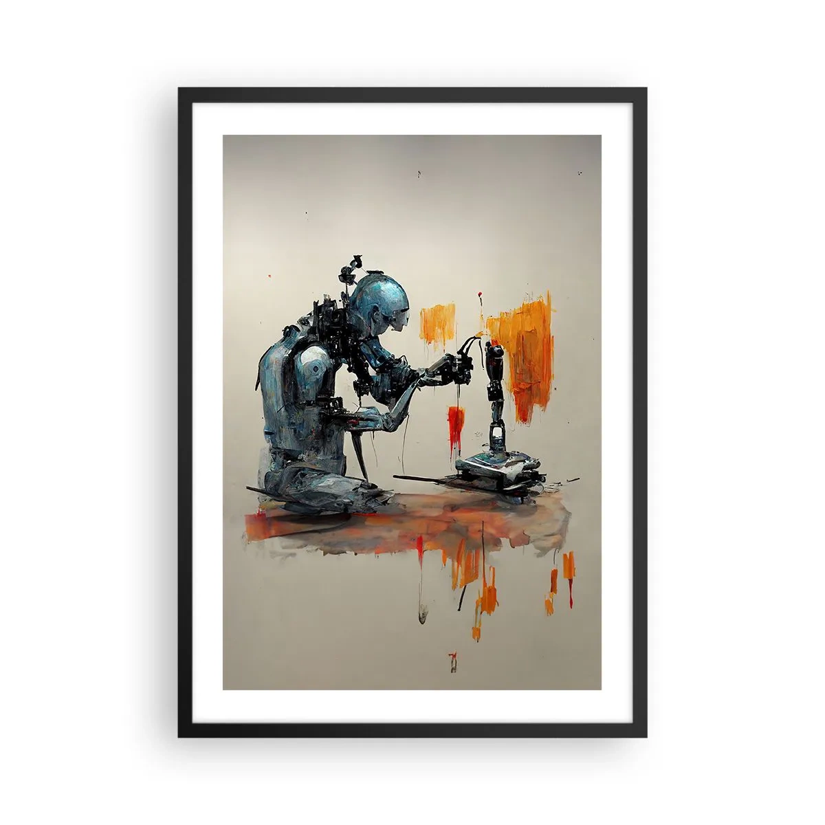 Plakat w czarnej ramie - Cybernetyczny robot w akcie tworzenia sztuki - 50x70cm - Już jutro… - Nowoczesna dekoracja ścienna do salonu i sypialni ARTTOR