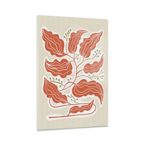 Obraz na szkle - Minimalistyczny motyw liści w odcieniach pomarańczowego i zielonego - 70x100cm - Ludowo i koralowo - Nowoczesna dekoracja ścienna do salonu i sypialni ARTTOR