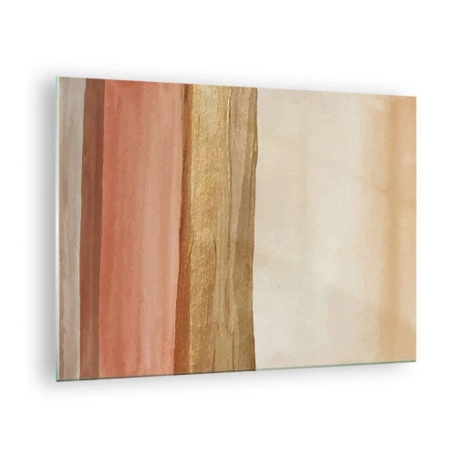 Obraz na szkle - Abstrakcyjne pasy w ciepłych odcieniach beżu i złota - 70x50cm - Kompozycja wertykalna - Nowoczesna dekoracja ścienna do salonu i sypialni ARTTOR