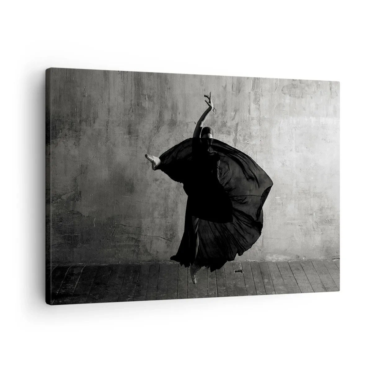 Obraz na płótnie - Czarno-biała sylwetka tancerki w ruchu na tle ściany - 70x50cm - Pełne pasji pas - Nowoczesna dekoracja ścienna do salonu i sypialni ARTTOR