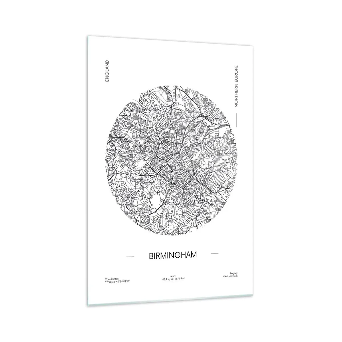 Obraz na szkle - Minimalistyczna mapa Birmingham w czarno-białej kolorystyce z precyzyjnymi detalami - 70x100cm - Anatomia Birmingham - Nowoczesna dekoracja ścienna do salonu i sypialni ARTTOR