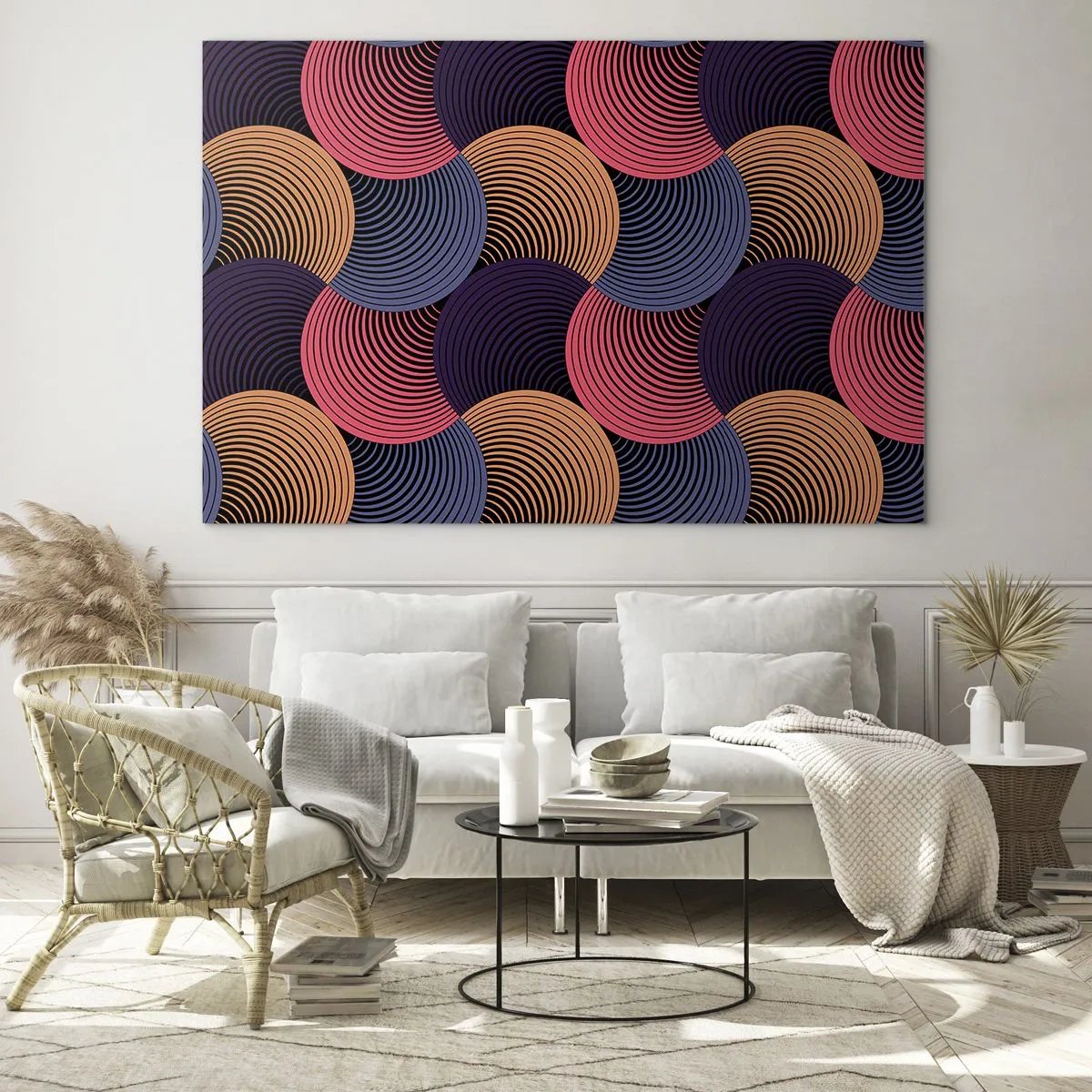 Obraz na szkle - Kolorowe koncentryczne okręgi tworzące geometryczny wzór - 70x50cm - W kolistym rytmie - Nowoczesna dekoracja ścienna do salonu i sypialni ARTTOR