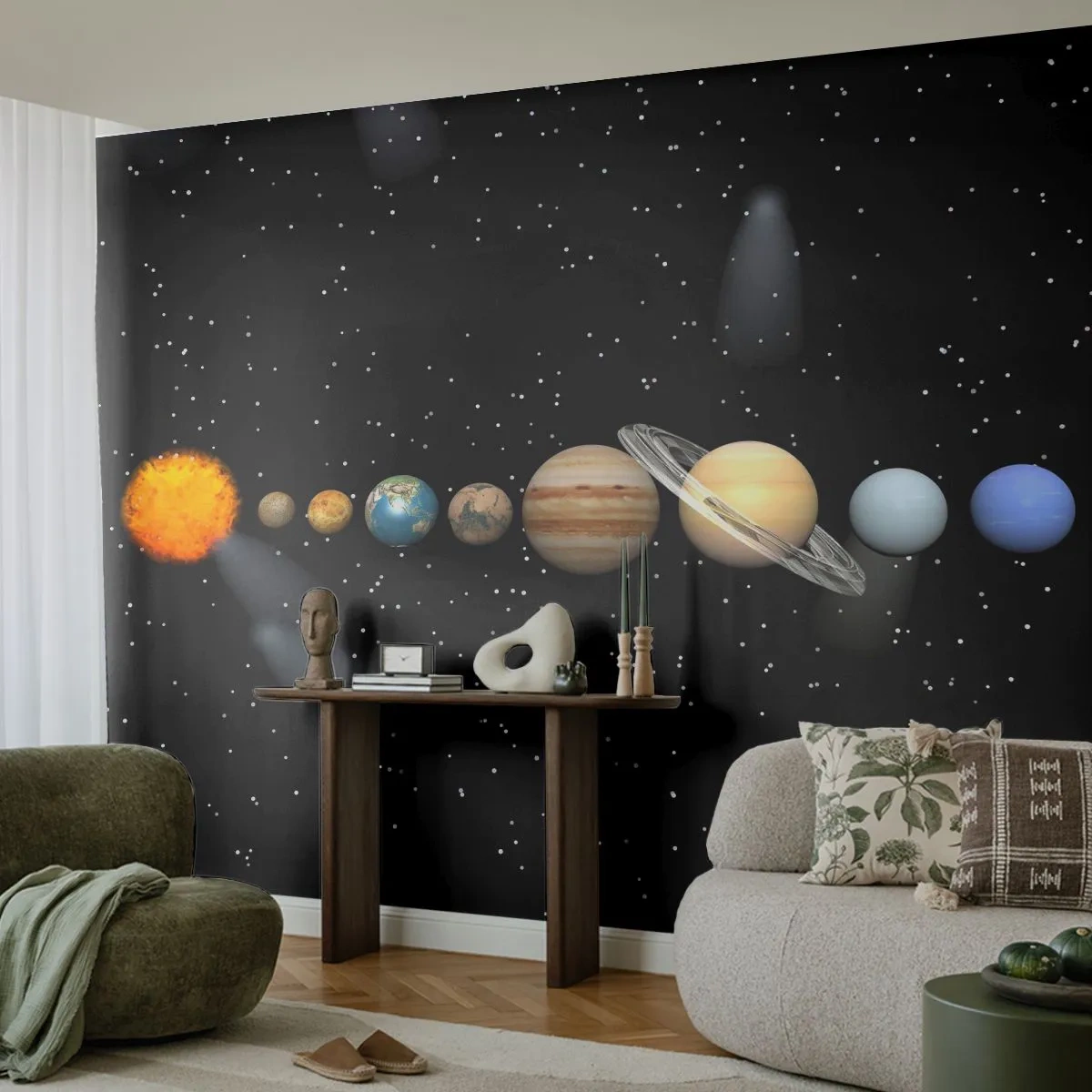 Fototapeta Premium Sand - Układ Słoneczny na tle gwiazd - 100x70cm - A planety szaleją, szaleją… - Nowoczesna dekoracja ścienna do salonu, kuchni i sypialni ARTTOR