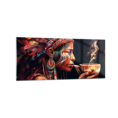 Obraz na szkle - Kolorowa postać w stylu etnicznym z filiżanką parującego napoju - 120x50cm - Magiczny rytuał - Nowoczesna dekoracja ścienna do salonu i sypialni ARTTOR