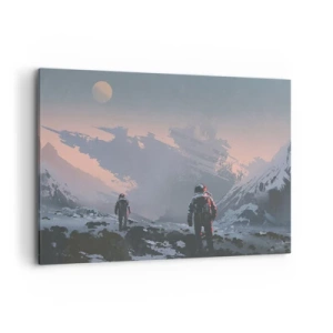 Obraz na płótnie - Astronauci na obcej planecie z wrakiem statku kosmicznego - 120x80cm - Pod nieznaną gwiazdą - Nowoczesna dekoracja ścienna do salonu, kuchni i sypialni ARTTOR