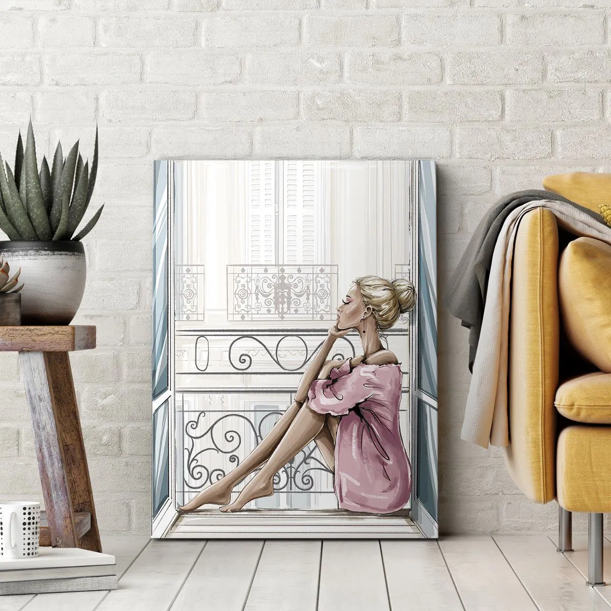 Obraz na płótnie - Kobieta w różowej sukience siedząca na oknie z widokiem na paryską kamienicę - 50x70cm - Paryski poranek - Nowoczesna dekoracja ścienna do salonu, kuchni i sypialni ARTTOR