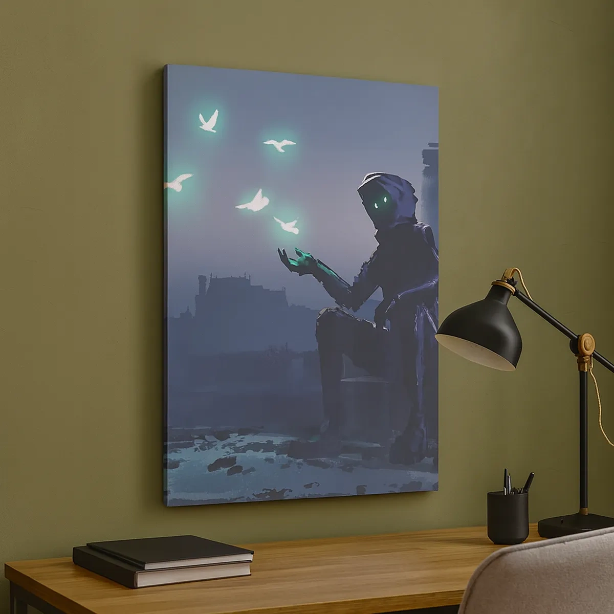 Obraz na płótnie - Tajemnicza postać w kapturze z unoszącymi się świecącymi ptakami - 50x70cm - Życie powróci - Nowoczesna dekoracja ścienna do salonu, kuchni i sypialni ARTTOR