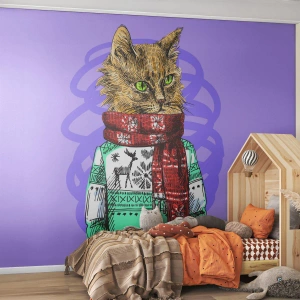 Fototapeta Premium Sand - Kot w zimowym swetrze i szaliku na fioletowym tle - 100x70cm - Kot nie tylko w butach - Nowoczesna dekoracja ścienna do salonu, kuchni i sypialni ARTTOR
