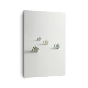 Obraz na płótnie - Miniaturowe postacie pchające kształty na jasnym tle - 70x100cm - Samo życie - Nowoczesna dekoracja ścienna do salonu i sypialni ARTTOR
