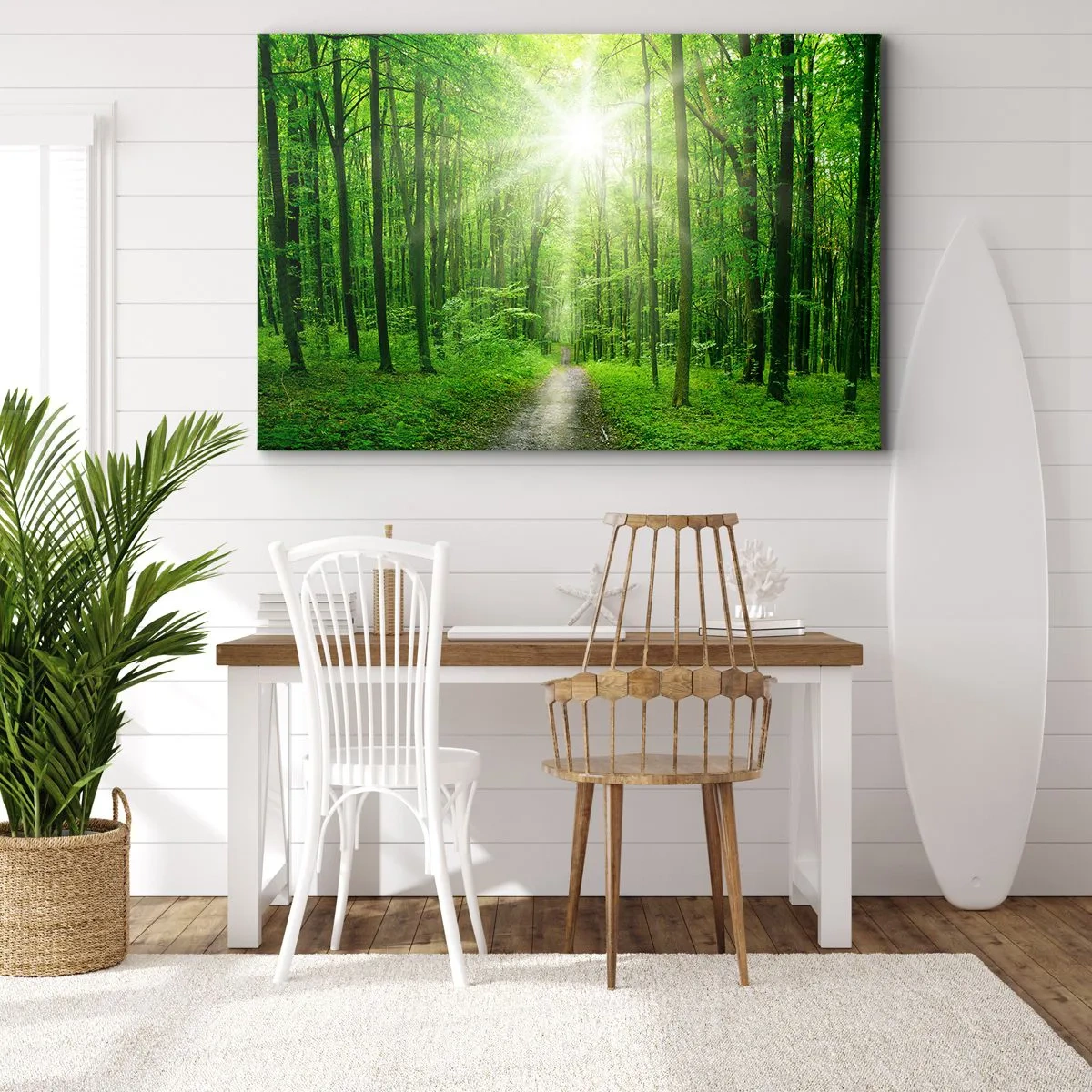 Obraz na płótnie - Ścieżka w lesie z promieniami słońca - 70x50cm - Zielona katedra - Nowoczesna dekoracja ścienna do salonu i sypialni ARTTOR