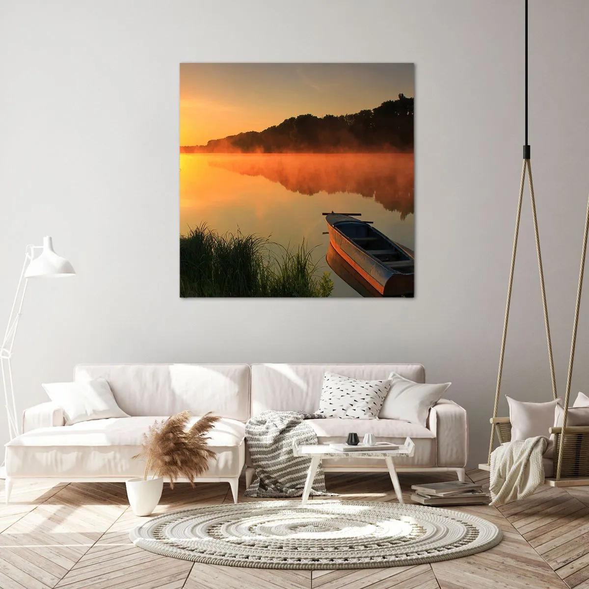 Obraz na płótnie - Wschód słońca nad wodą jak tafla lustra - 50x50 cm