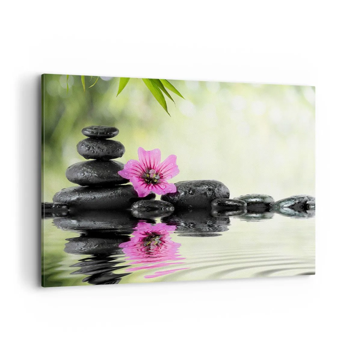 Obraz na płótnie - Kamienie Zen i różowy kwiat odbijające się w wodzie - 100x70cm - Czas dla duszy - Nowoczesna dekoracja ścienna do salonu, kuchni i sypialni ARTTOR