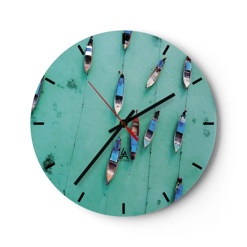 Zegar ścienny - Widok z lotu ptaka na łodzie unoszące się na turkusowej wodzie - 30x30cm - W radosnym oczekiwaniu - Nowoczesna dekoracja ścienna do salonu, kuchni i sypialni ARTTOR