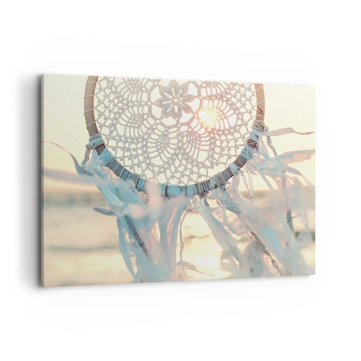 Obraz na płótnie - Delikatny łapacz snów na tle zachodzącego słońca - 100x70cm - Koronkowy totem - Nowoczesna dekoracja ścienna do salonu, kuchni i sypialni ARTTOR
