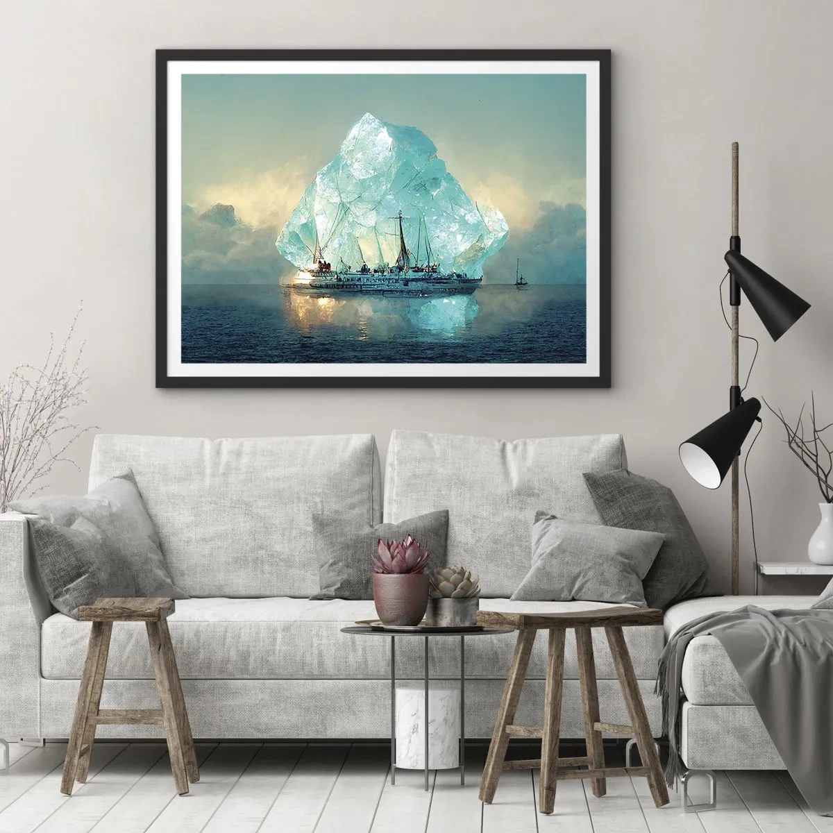 Plakat w czarnej ramie - Statek na tle majestatycznej góry lodowej - 100x70cm - Arktyczny brylant - Nowoczesna dekoracja ścienna do salonu i sypialni ARTTOR