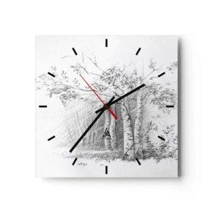 Zegar ścienny - Rysunek brzozowego lasu w subtelnym szkicu ołówkiem - 30x30cm - Światło brzozowego lasu - Nowoczesna dekoracja ścienna do salonu i sypialni ARTTOR