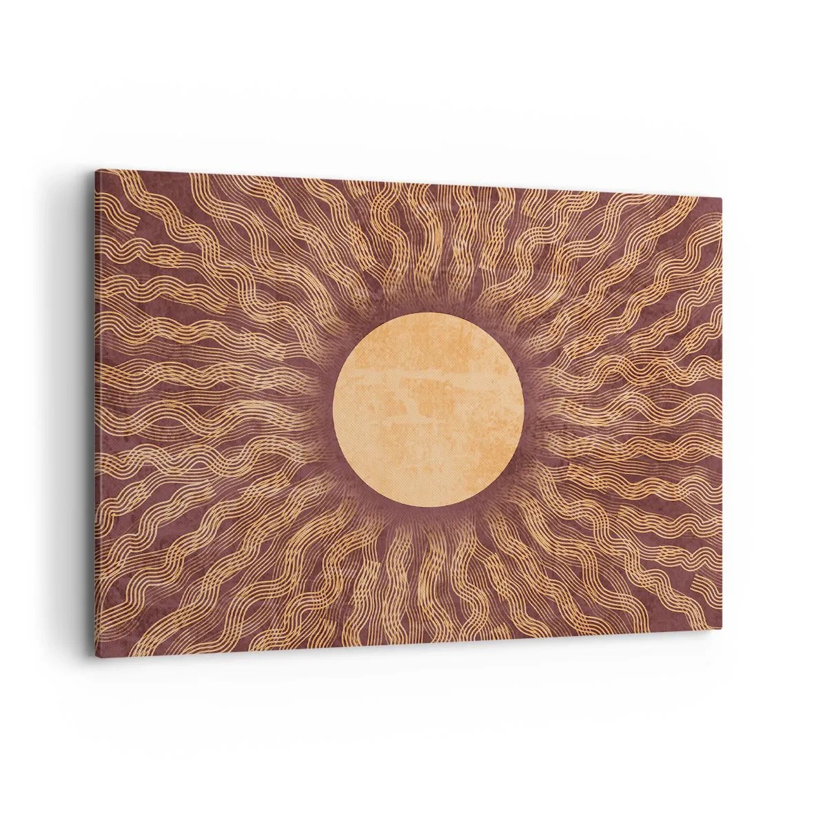 Obraz na płótnie - Słoneczny wzór z promieniami na tle w odcieniach brązu - 100x70cm - Ikona słońca - Nowoczesna dekoracja ścienna do salonu, kuchni i sypialni ARTTOR