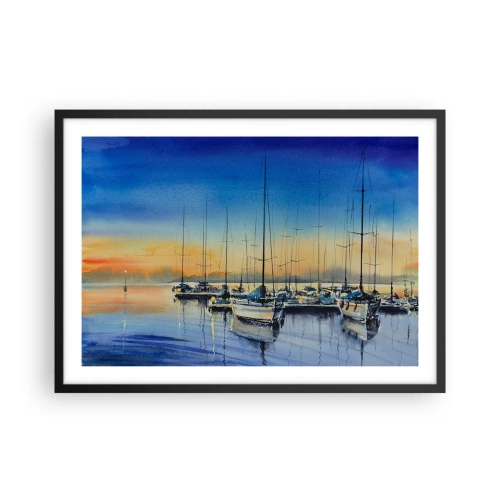 Plakat w czarnej ramie - Port jachtowy o zachodzie słońca z odbiciami na wodzie - 70x50cm - Koniec dobrego dnia - Nowoczesna dekoracja ścienna do salonu i sypialni ARTTOR