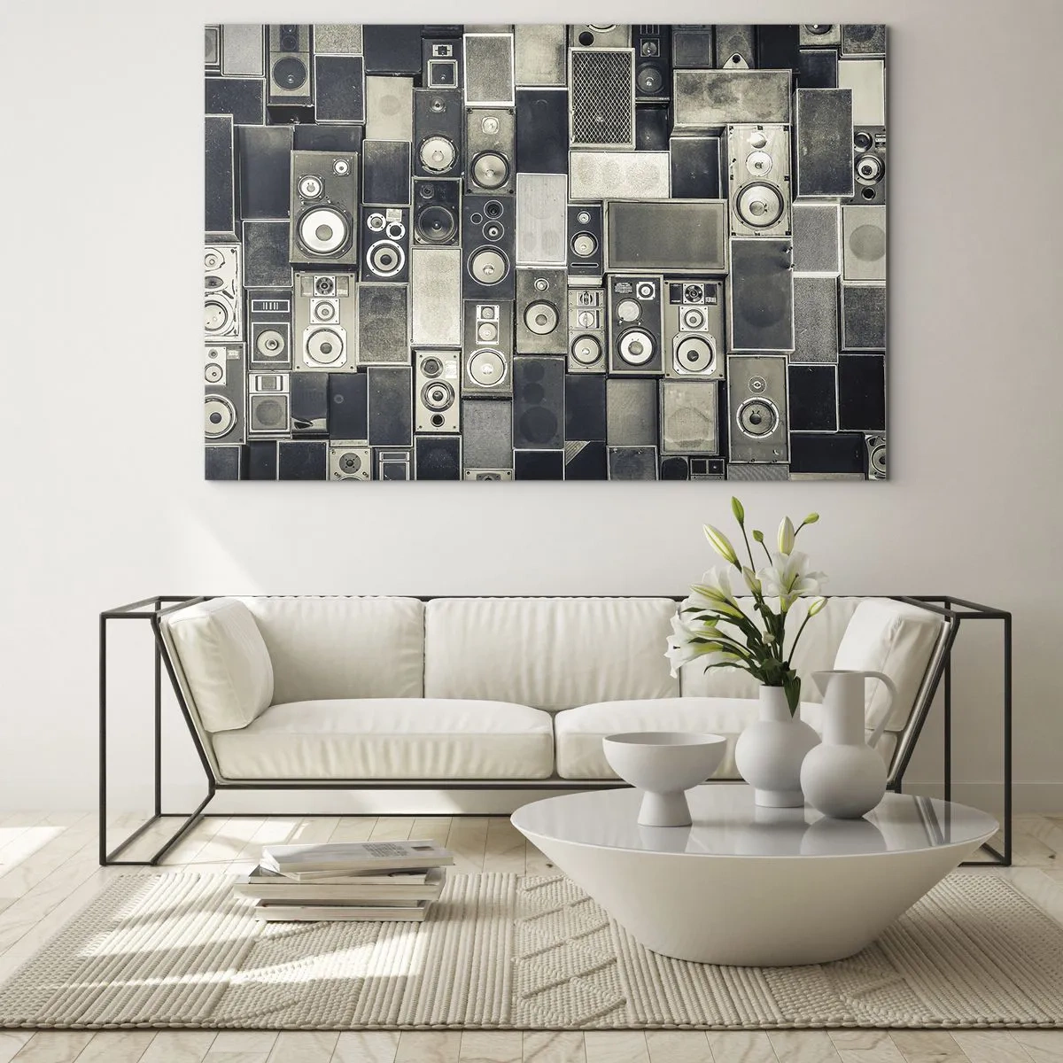 Obraz na szkle - Kompozycja retro głośników w odcieniach szarości - 70x50cm - I wszystko gra - Nowoczesna dekoracja ścienna do salonu i sypialni ARTTOR