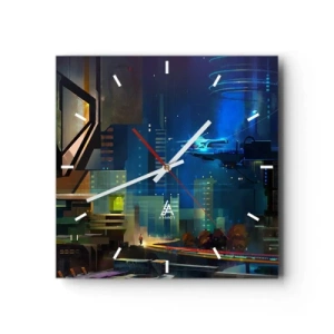 Zegar ścienny - Futurystyczne miasto nocą z neonami i latającym pojazdem - 30x30cm - W niedalekiej przyszłości - Nowoczesna dekoracja ścienna do salonu i sypialni ARTTOR