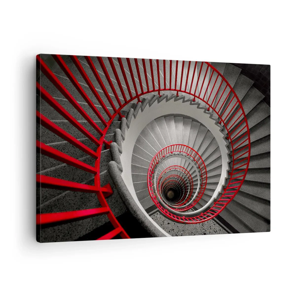 Obraz na płótnie - Spiralne schody z czerwonymi poręczami w dynamicznej perspektywie - 70x50cm - Zabawy architektury - Nowoczesna dekoracja ścienna do salonu i sypialni ARTTOR