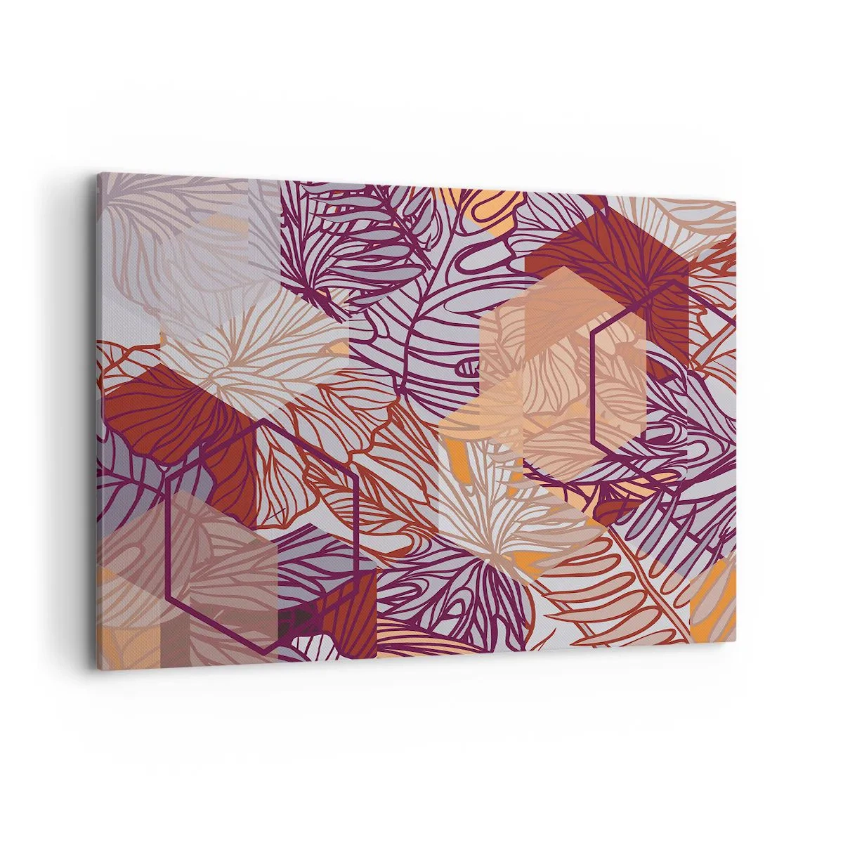 Obraz na płótnie - Dekoracyjny wzór liści tropikalnych w odcieniach fioletu, pomarańczu i beżu - 100x70cm - Związek niemozliwy geometrii i natury - Nowoczesna dekoracja ścienna do salonu, kuchni i sypialni ARTTOR