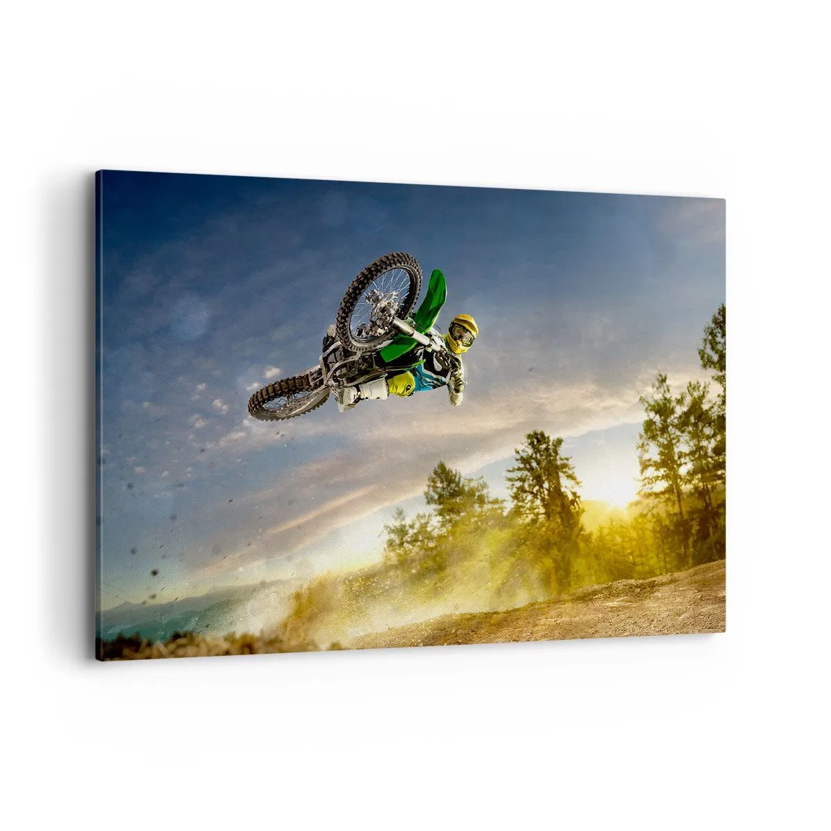 Obraz na płótnie - Motocyklista w dynamicznym skoku - 120x80cm - Włącz emocje! - Nowoczesna dekoracja ścienna do salonu, kuchni i sypialni ARTTOR