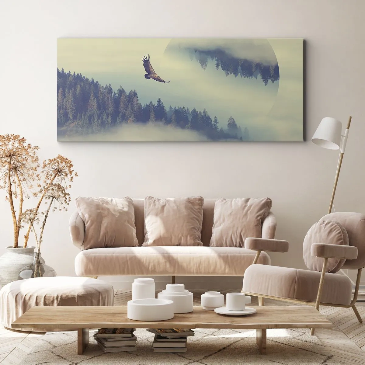 Obraz na płótnie - Orzeł w locie na tle mglistych gór z artystycznym motywem koła - 120x50cm - Widziałam orła cień - Nowoczesna dekoracja ścienna do salonu i sypialni ARTTOR