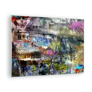 Obraz na szkle - Kolorowy kolaż graffiti w stylu abstrakcyjnym - 70x50cm - Kolaż wspomnień - Nowoczesna dekoracja ścienna do salonu i sypialni ARTTOR