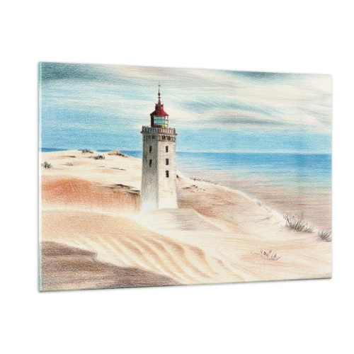 Obraz na szkle - Latarnia morska na pustynnej wydmie przy spokojnym morzu - 120x80cm - Zawsze wpatrzona w morze - Nowoczesna dekoracja ścienna do salonu, kuchni i sypialni ARTTOR