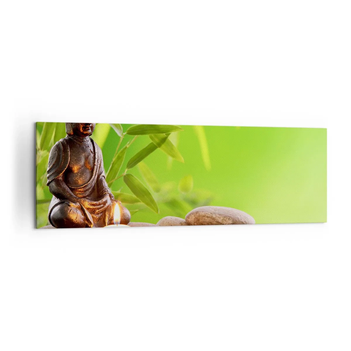 Obraz na płótnie - Figura Buddy z kamieniami i świeczką na tle bambusa - 160x50cm - Życie jest piękne - Nowoczesna dekoracja ścienna do salonu i sypialni ARTTOR