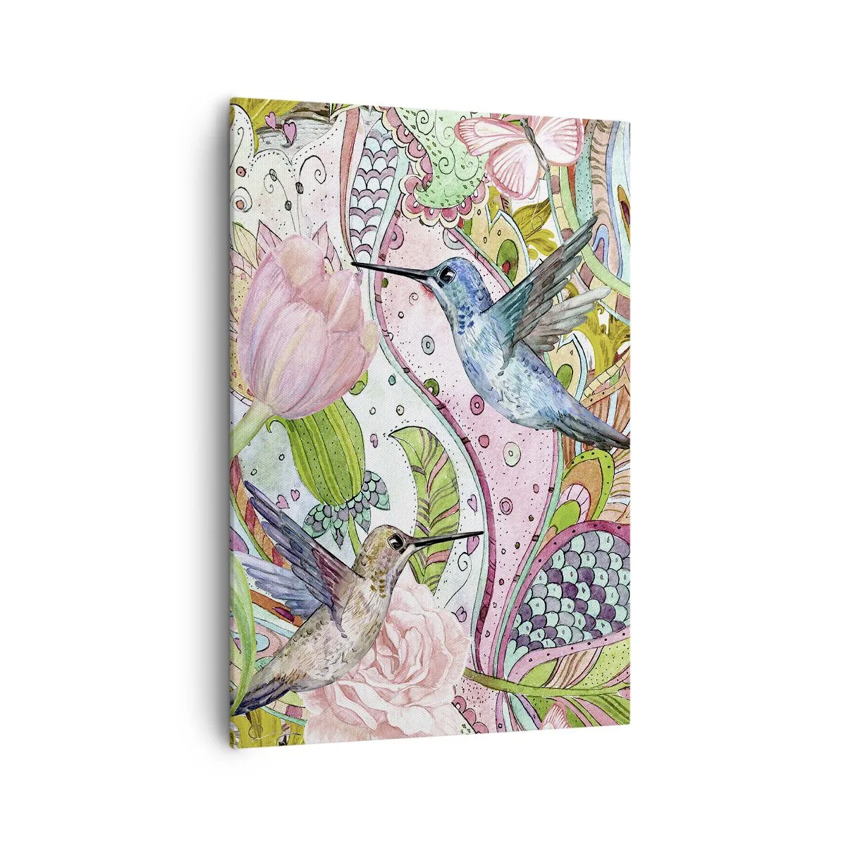 Obraz na płótnie - Kolorowe kolibry i motyle wśród roślin - 70x100cm - Wplątane w pnączach - Nowoczesna dekoracja ścienna do salonu i sypialni ARTTOR