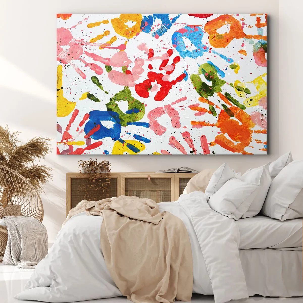 Obraz na płótnie - Kolorowe odciski dłoni na białym tle - 70x50cm - Idź po śladach - Nowoczesna dekoracja ścienna do salonu i sypialni ARTTOR