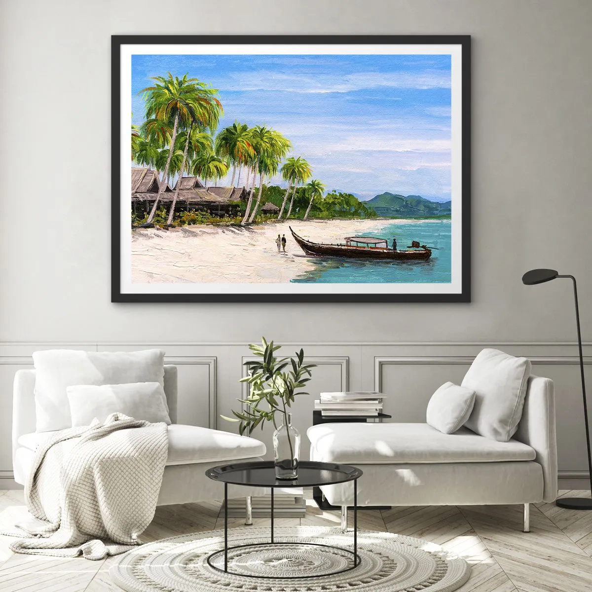 Plakat w czarnej ramie - Egzotyczna plaża z palmami i łodzią przy brzegu - 100x70cm - Egzotyczny sen - Nowoczesna dekoracja ścienna do salonu i sypialni ARTTOR