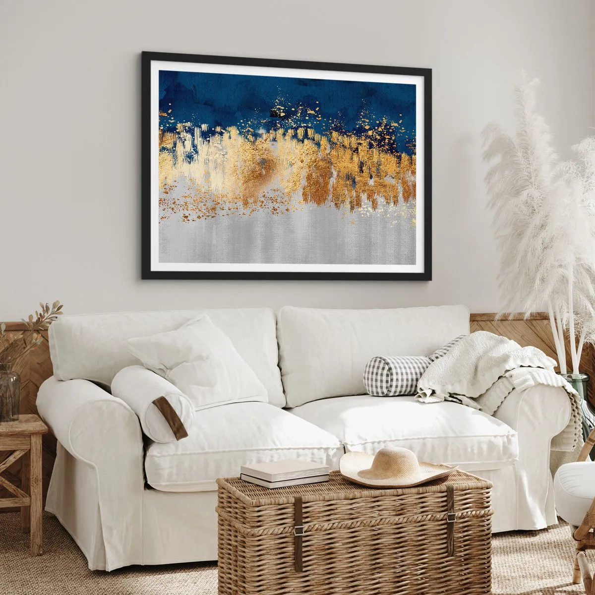 Plakat w czarnej ramie - Abstrakcyjna kompozycja w odcieniach złota i granatu - 100x70cm - Nowoczesna kompozycja z błyskiem - Nowoczesna dekoracja ścienna do salonu i sypialni ARTTOR