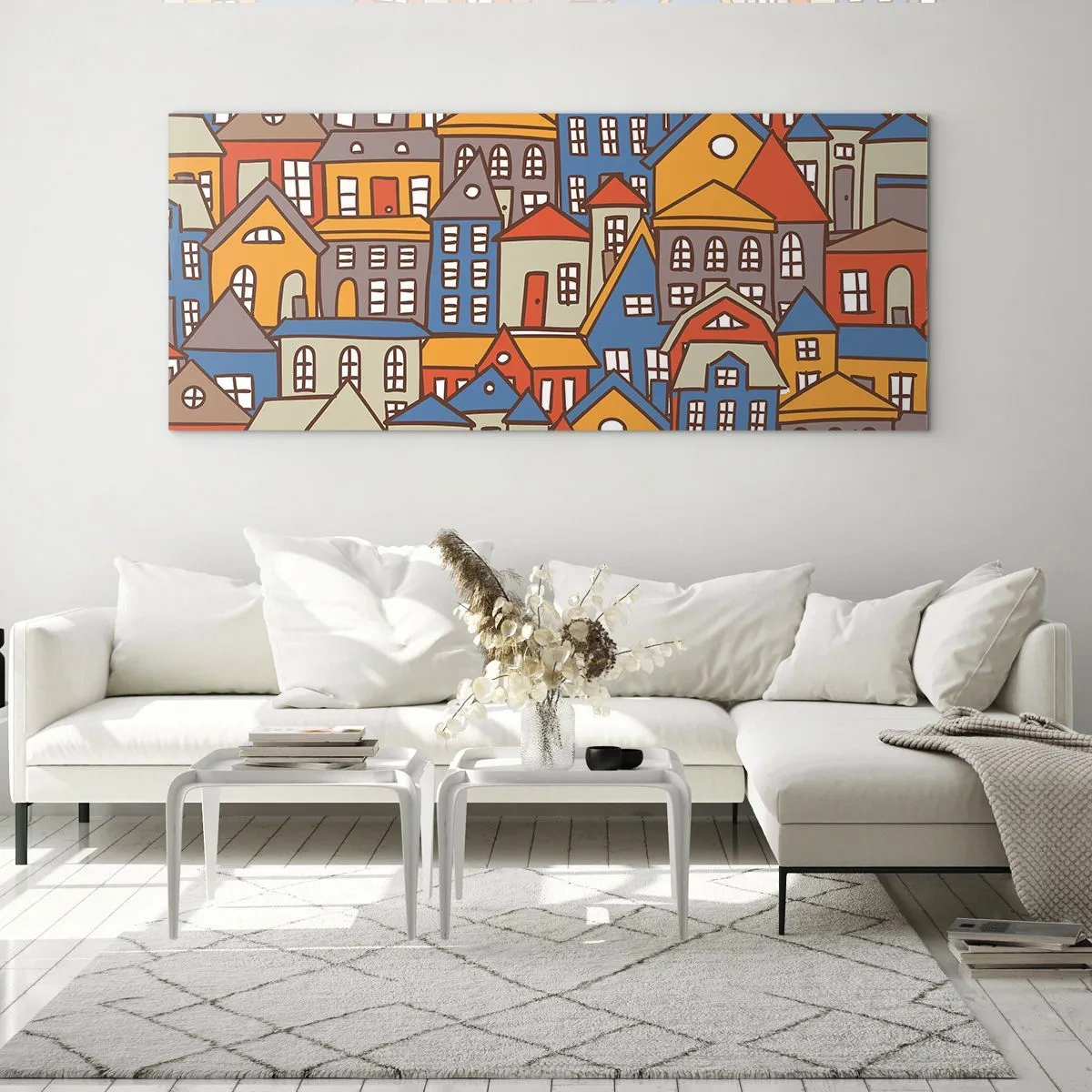 Obraz na szkle - Kolorowe domki w stylu graficznym na jasnym tle - 120x50cm - Za domem dom - Nowoczesna dekoracja ścienna do salonu i sypialni ARTTOR