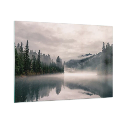 Obraz na szkle - Poranny widok na jezioro w lesie, otulone mgłą - 100x70cm - W zadumie, we mgle - Nowoczesna dekoracja ścienna do salonu, kuchni i sypialni ARTTOR