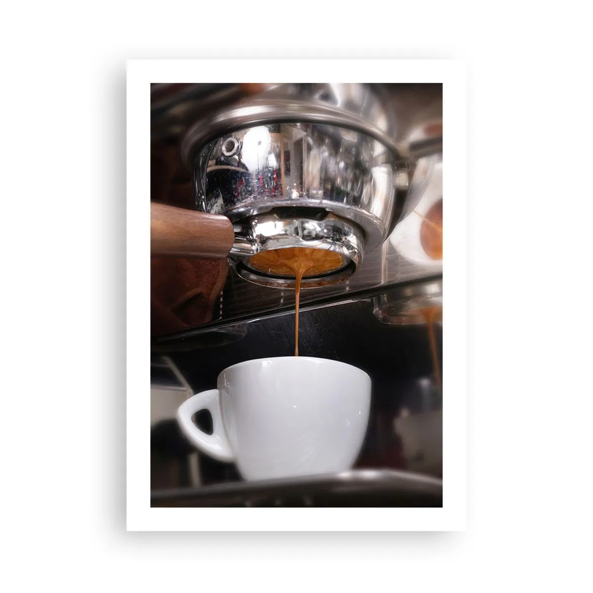 Plakat - Ekspres do kawy nalewający świeże espresso do filiżanki - 50x70cm - Dobra chwila dnia - Nowoczesna dekoracja ścienna do salonu, kuchni i sypialni ARTTOR
