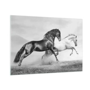 Obraz na szkle - Czarno-białe konie w dynamicznej scenerii - 100x70cm - Anioły i demony - Nowoczesna dekoracja ścienna do salonu, kuchni i sypialni ARTTOR