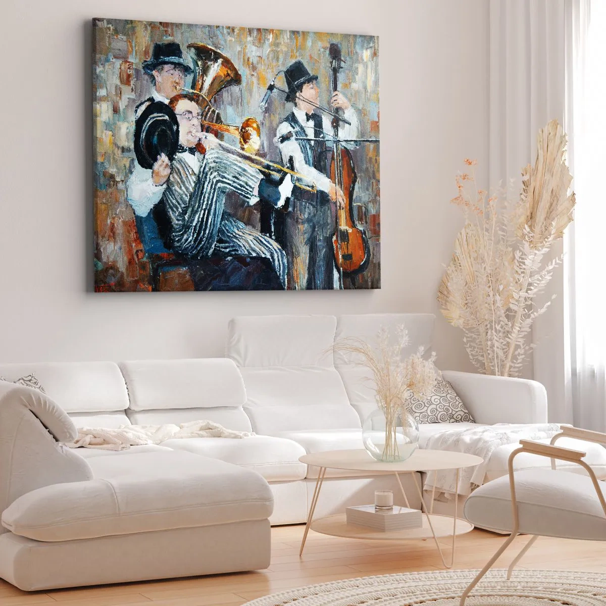 Obraz na płótnie - Muzycy jazzowi w stylu malarskim podczas koncertu - 70x50cm - Cały ten jazz - Nowoczesna dekoracja ścienna do salonu i sypialni ARTTOR