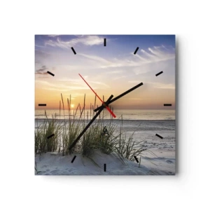 Zegar ścienny - Piaszczysta plaża o zachodzie słońca z trawami w tle - 30x30cm - Popatrz, pomyśl, poczuj - Nowoczesna dekoracja ścienna do salonu i sypialni ARTTOR