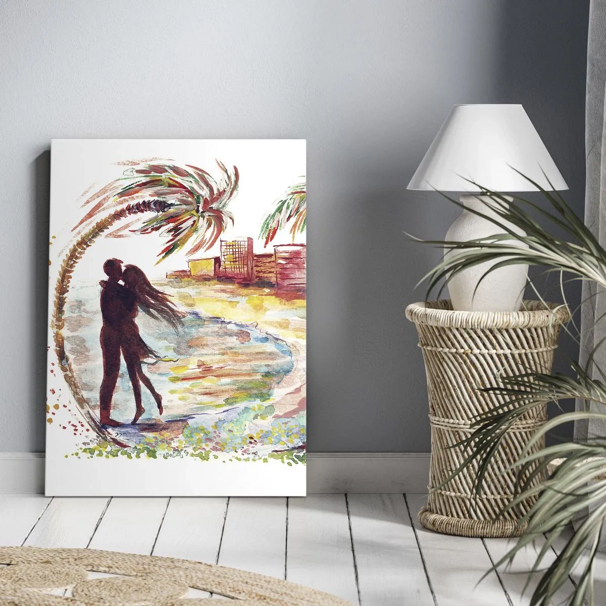 Obraz na płótnie - Para kochanków pod palmą na plaży, malowana akwarelą w ciepłych odcieniach - 50x70cm - Romantyczne wakacje - Nowoczesna dekoracja ścienna do salonu, kuchni i sypialni ARTTOR