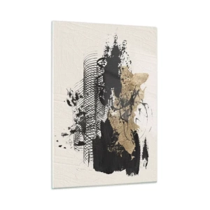 Obraz na szkle - Abstrakcyjna kompozycja w czerni i złocie na jasnym tle - 50x70cm - Kompozycja z pasją - Nowoczesna dekoracja ścienna do salonu, kuchni i sypialni ARTTOR