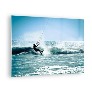 Obraz na szkle - Kitesurfer na falach oceanu w słoneczny dzień - 70x50cm - Daj się ponieść - Nowoczesna dekoracja ścienna do salonu i sypialni ARTTOR