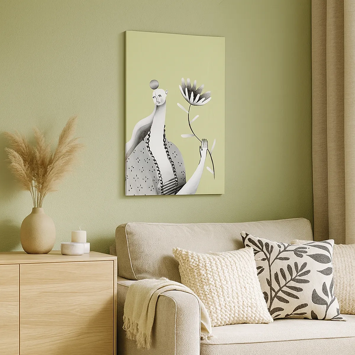 Obraz na płótnie - Abstrakcyjna postać kobiety trzymająca kwiat na zielonym tle - 50x70cm - Portret modernistyczny – trzymająca kwiat - Nowoczesna dekoracja ścienna do salonu, kuchni i sypialni ARTTOR