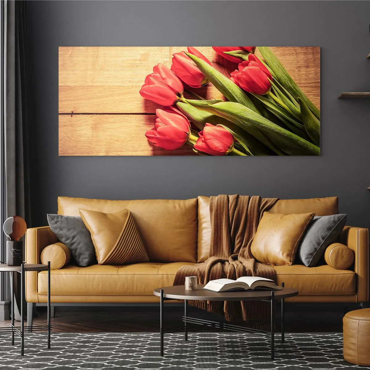 Obraz na szkle - Bukiet różowych tulipanów na drewnianym tle - 140x50cm - Wiosenne wyznanie - Nowoczesna dekoracja ścienna do salonu i sypialni ARTTOR