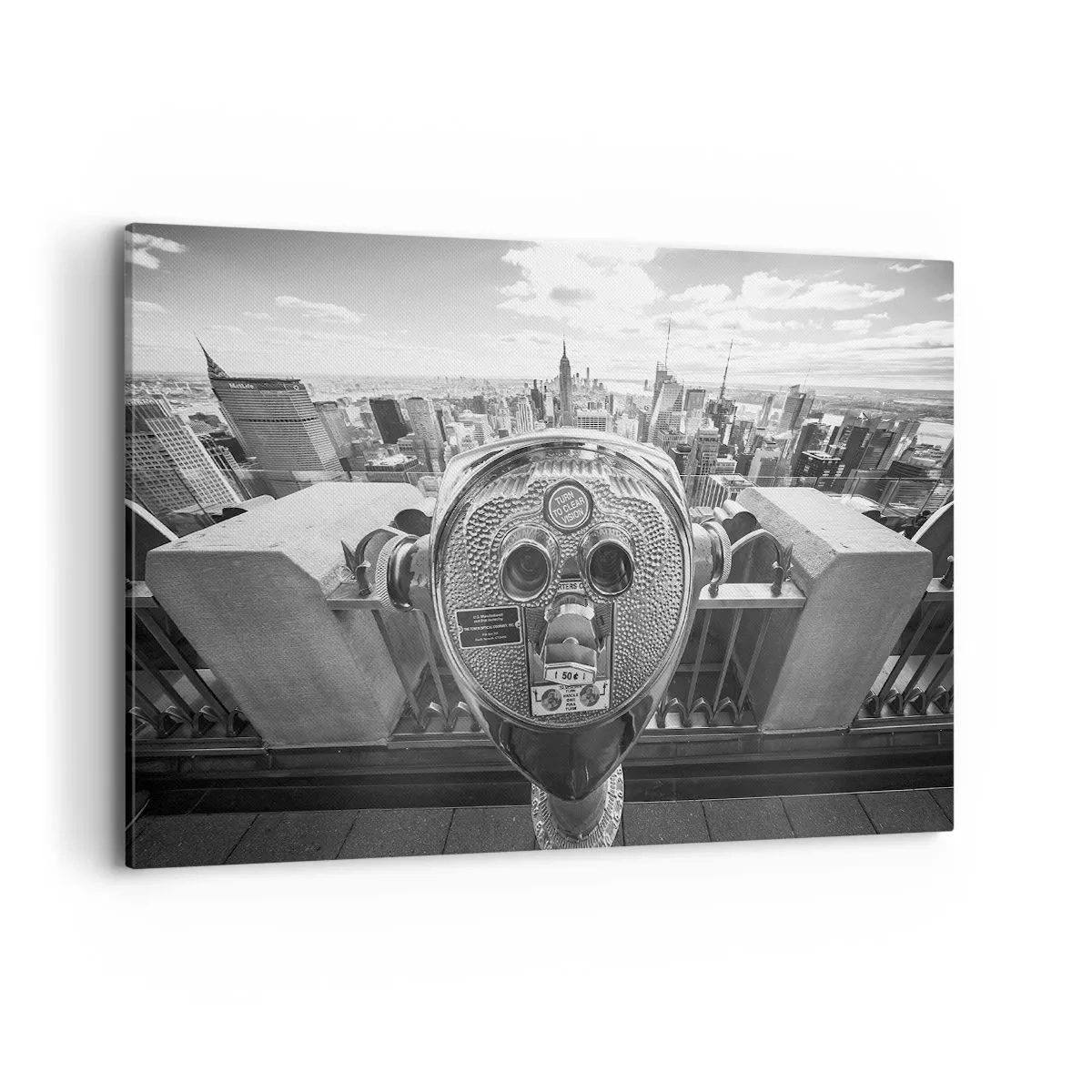Obraz na płótnie - Monochromatyczny widok przez lunetę na panoramę miasta - 120x80cm - Miasto nad miastami - Nowoczesna dekoracja ścienna do salonu, kuchni i sypialni ARTTOR
