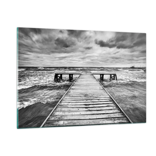 Obraz na szkle - Czarno-biały pomost wśród wzburzonych fal - 120x80cm - Czekam na wiatr, co rozgoni… - Nowoczesna dekoracja ścienna do salonu, kuchni i sypialni ARTTOR